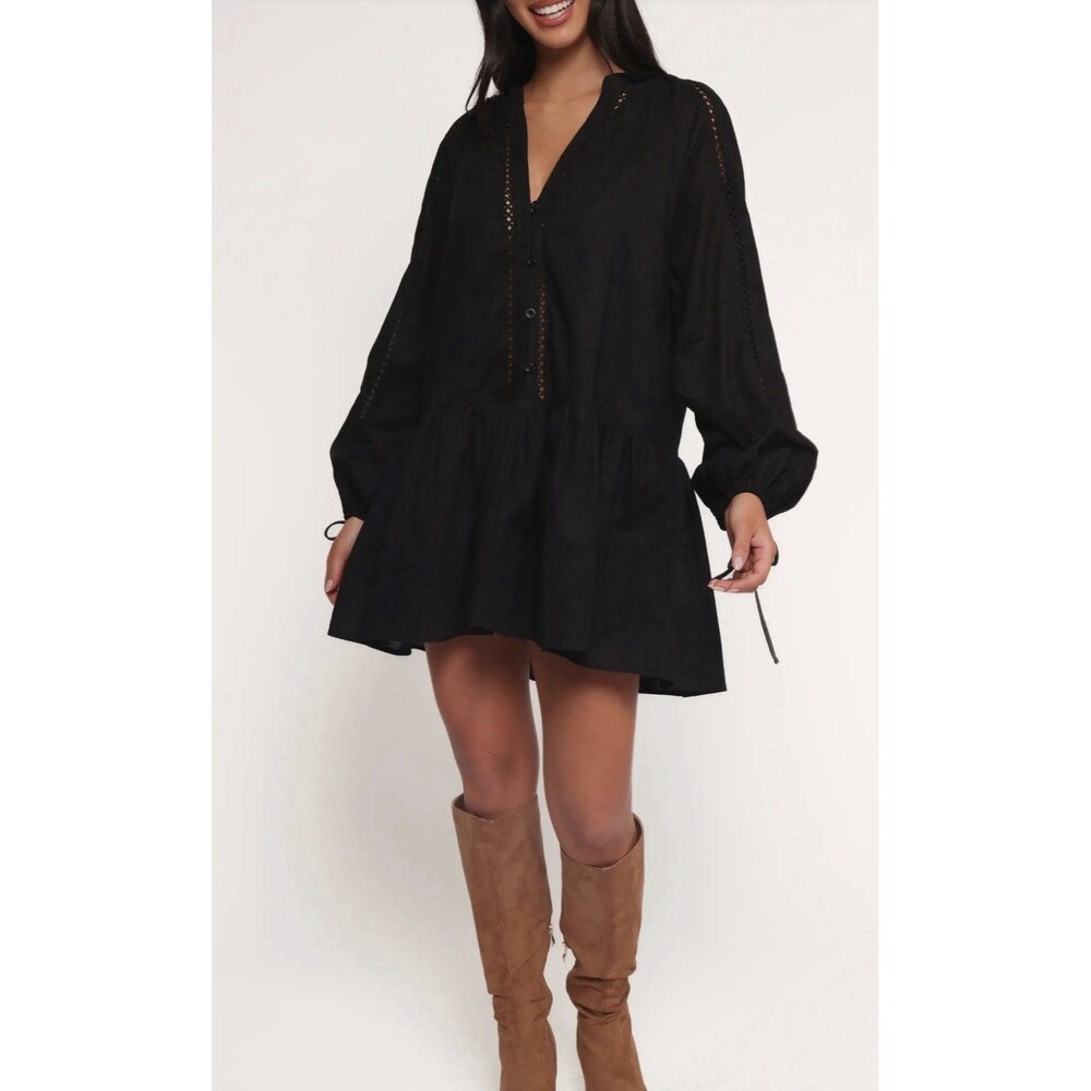 Petal & Pup Hart Black Long Sleeve Cotton & Linen Minidress Size Small NWT